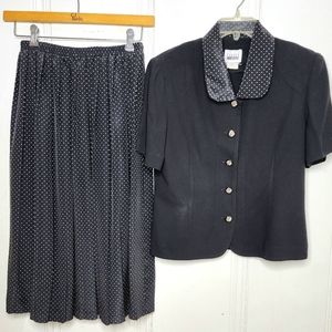 Vintage Leslie Fay Top & Pleated Skirt Black White Polka Dots Size 12